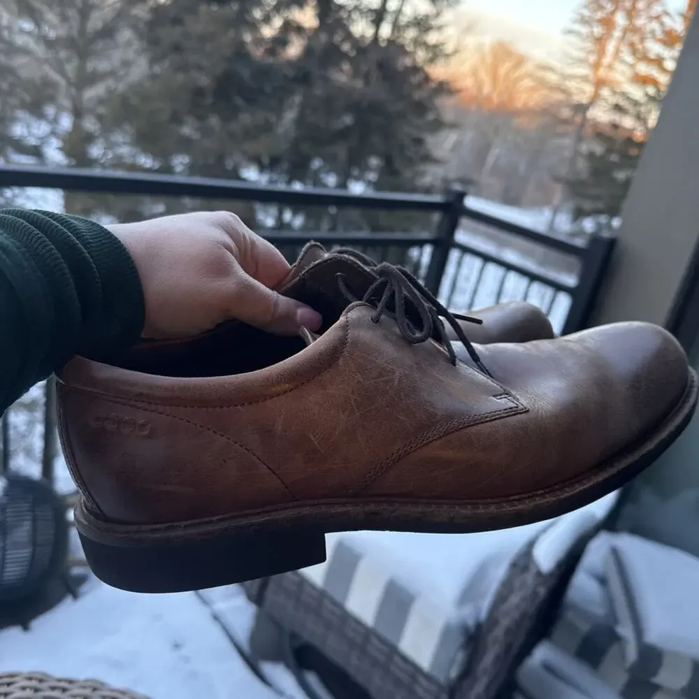 ECCO Shoes Mens 46 12 Brown Shock Point Oxford Leather W/ Superfeet Inserts